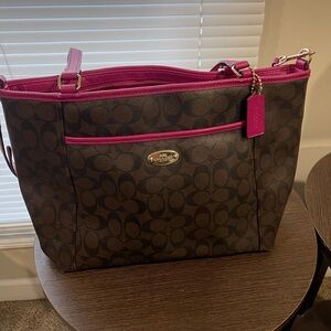 Coach Peyton Signature Tote Pocket Bag Brown/Hot Pink